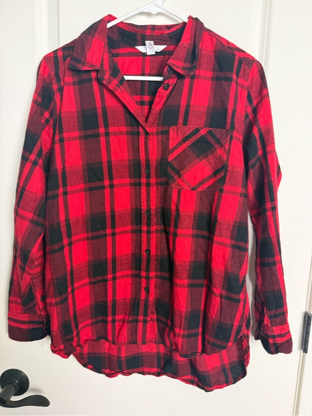 Time and Tru Red and Black Plaid Button-Up Shirt with Chest Pocket